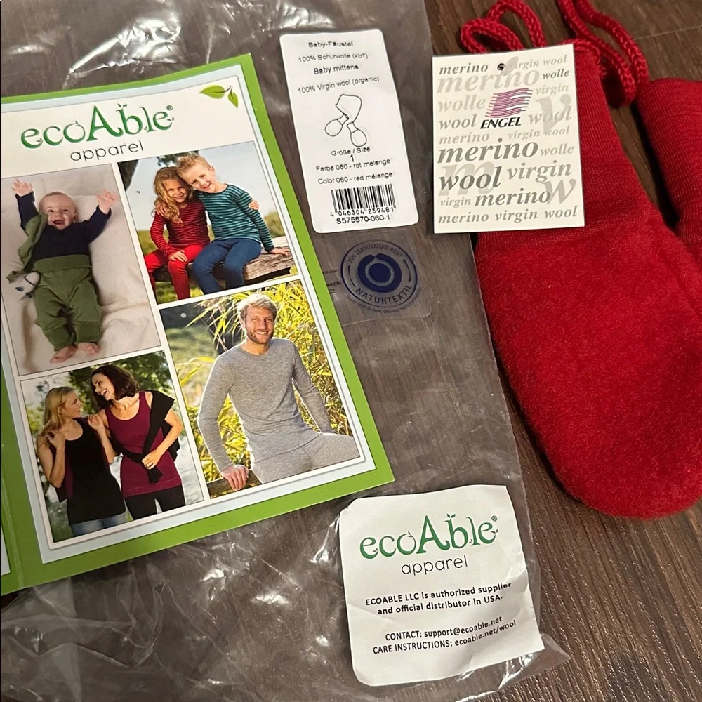EcoAble 100% organic merino wool thumbless red baby Kids Mittens gloves - NWT